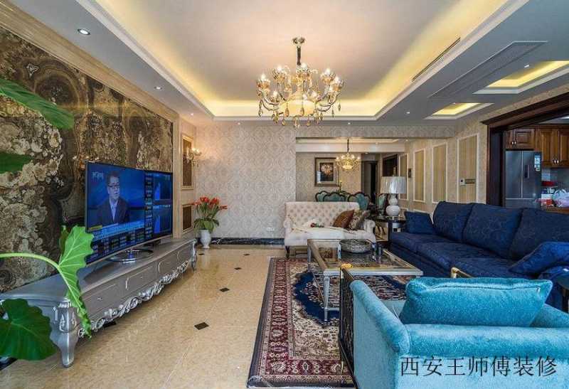 欧式复古混搭地中海客餐厅一体背景墙效果图