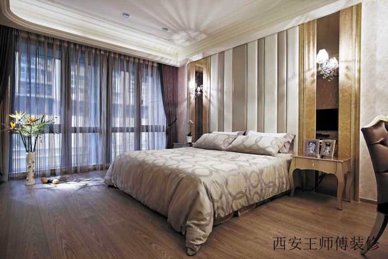 新古典卧室 竖条软包背景墙装饰图