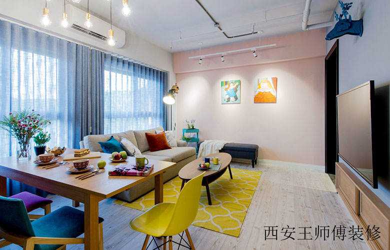 时尚混搭客厅淡粉背景墙设计