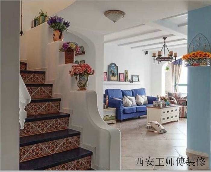 蓝色唯美地中海风格复式楼梯设计装修图