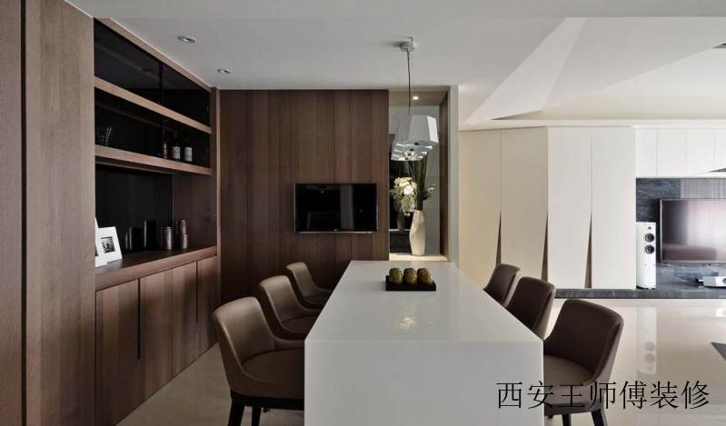 咖啡色素雅简约餐厅大理石吧台兼餐桌装潢效果图