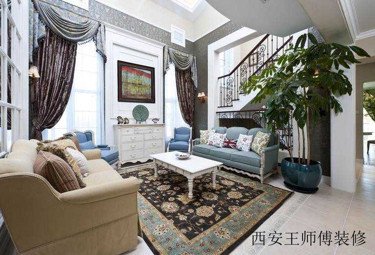 欧式复古地中海混搭复式楼挑高客厅效果图