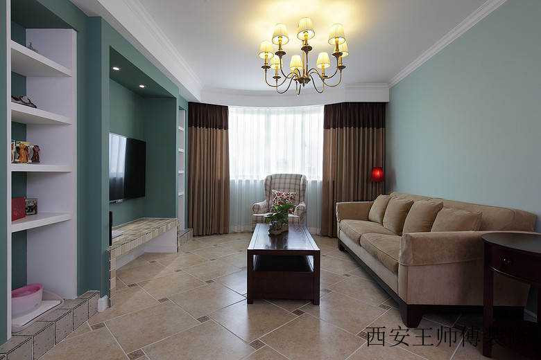 青绿复古美式客厅电视背景墙效果图