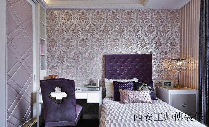 紫色欧式新古典卧室 花纹背景墙效果图