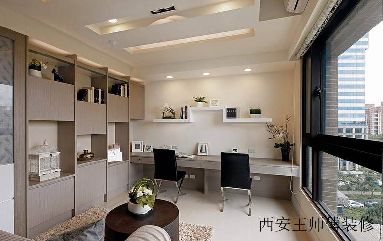 咖啡色创意现代办公书房订制书桌设计效果图