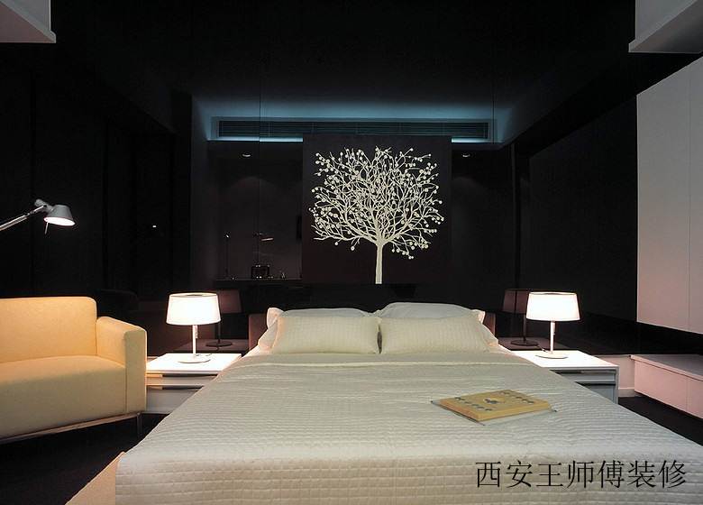 梦幻简约卧室黑色背景墙装潢效果图