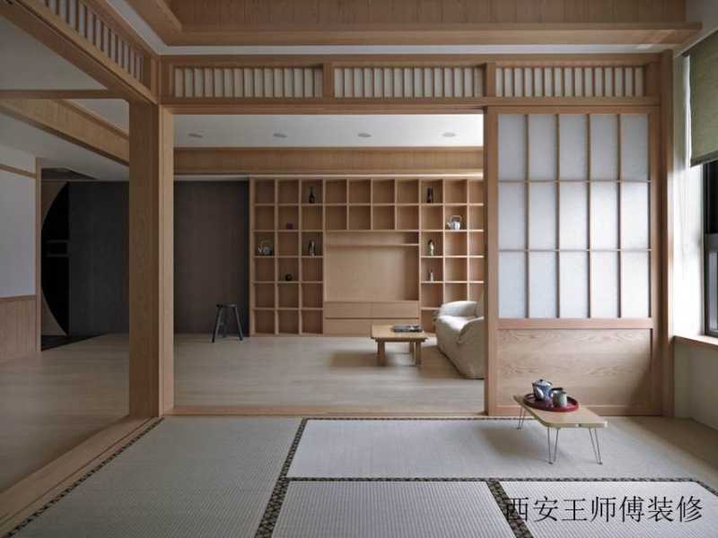 日式经典风格家居客厅原木收纳背景柜设计装修图