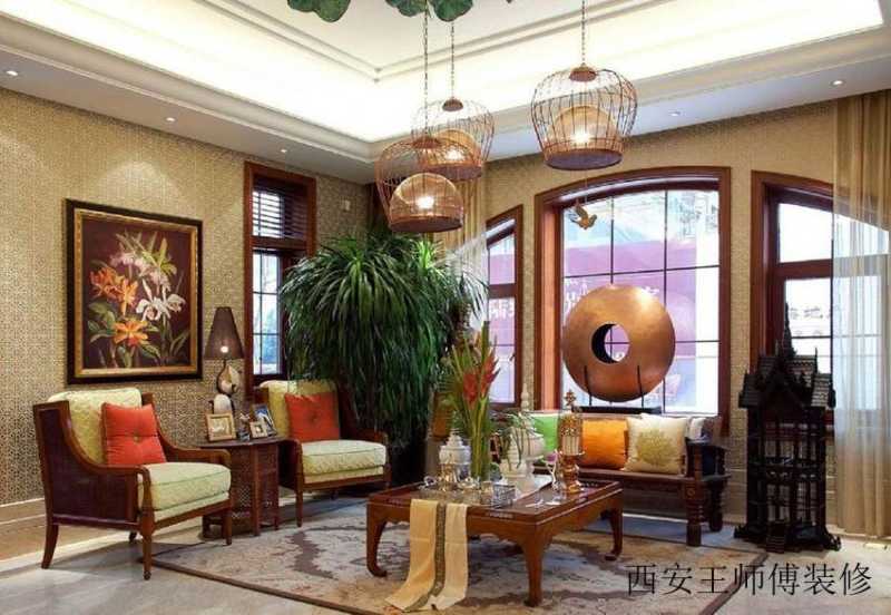 东南亚豪华风格设计别墅客厅弧形窗户效果图