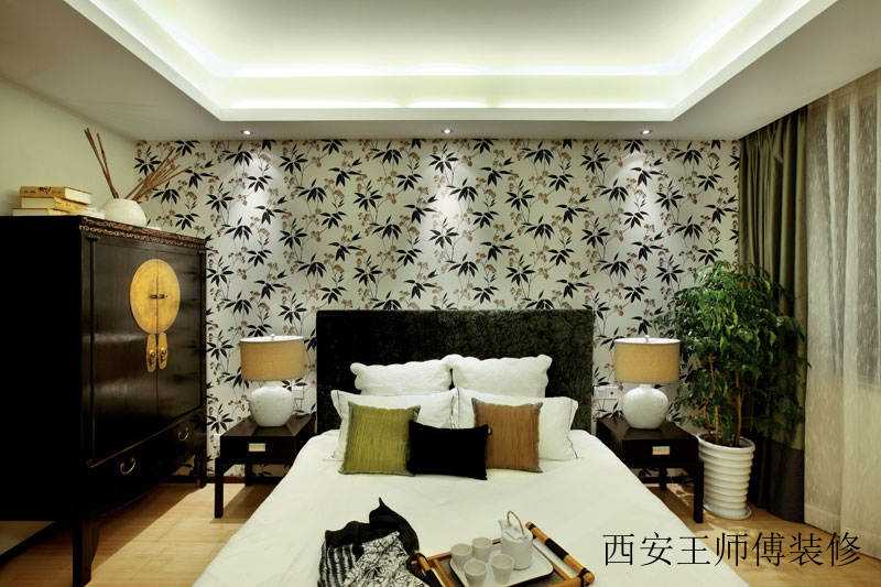 清新绿色新中式卧室壁纸装饰效果图