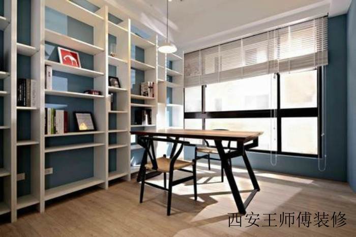蓝色现代家居书房书架设计
