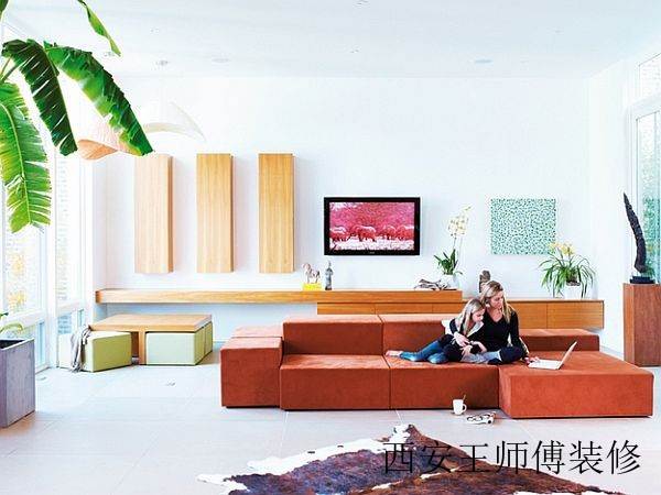 现代美式客厅橙色沙发装饰图