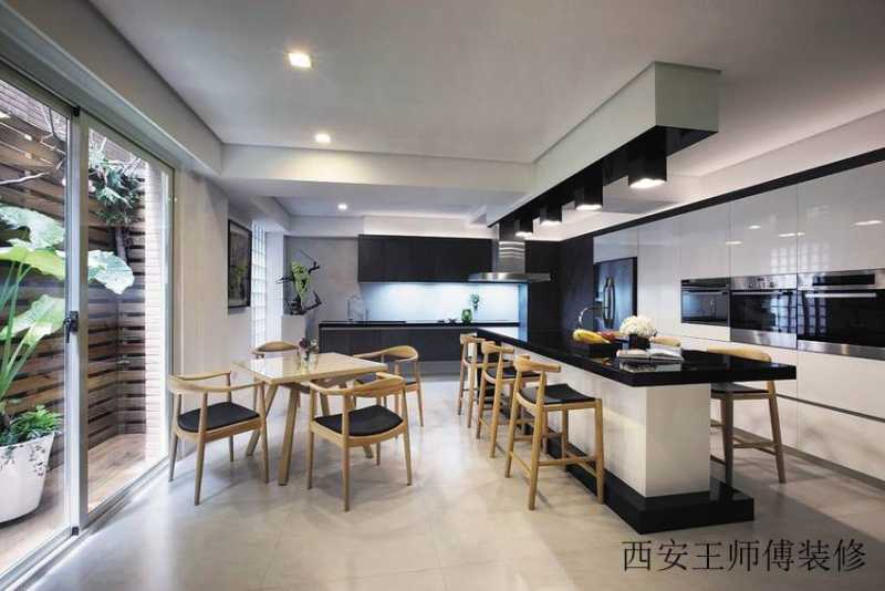 黑白时尚现代餐厨房一体效果图