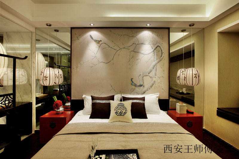 风雅含蓄新中式卧室床头背景墙装饰效果图