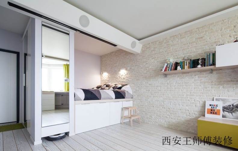 简约创意收纳小户型公寓卧室白色石砖背景墙