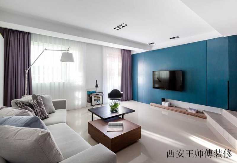 优雅浪漫现代简约客厅蓝色背景墙装饰图