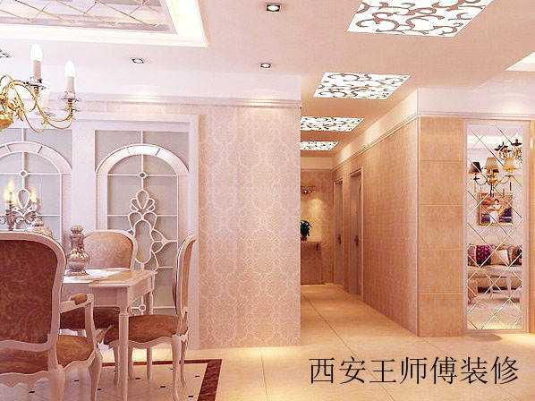 优雅裸粉色简欧风餐厅 狭长过道吊顶设计