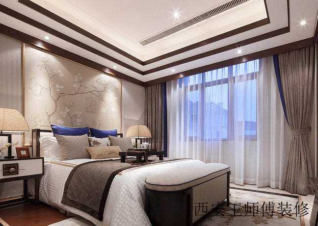 唯美素雅新中式主卧 床头软包效果图片
