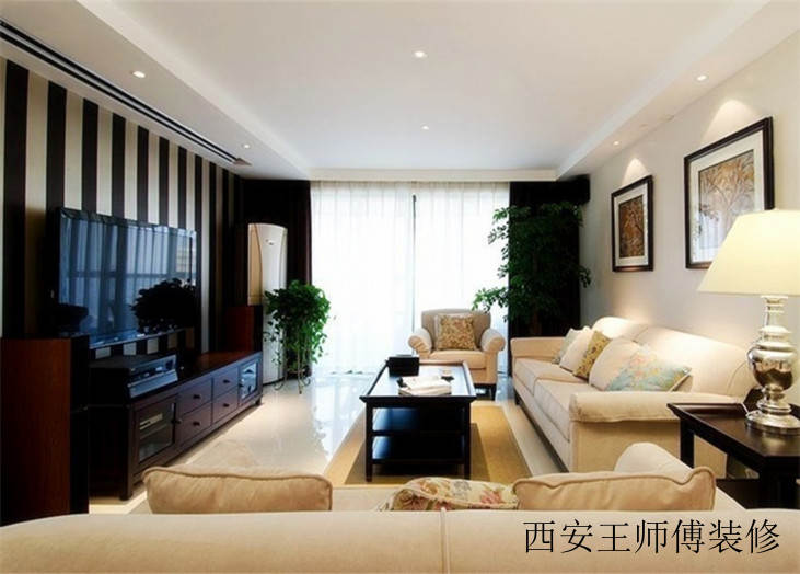 美式复古风客厅竖条纹电视背景墙效果图