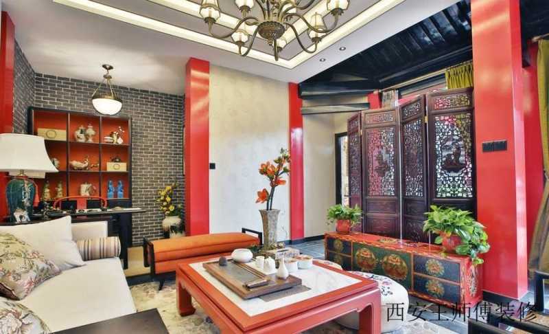 红色靓丽新中式风格客厅屏风隔断设计装修效果图