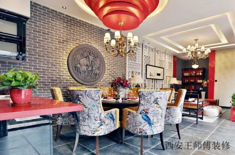 红色靓丽新中式风格餐厅螺旋吊顶设计装修效果图