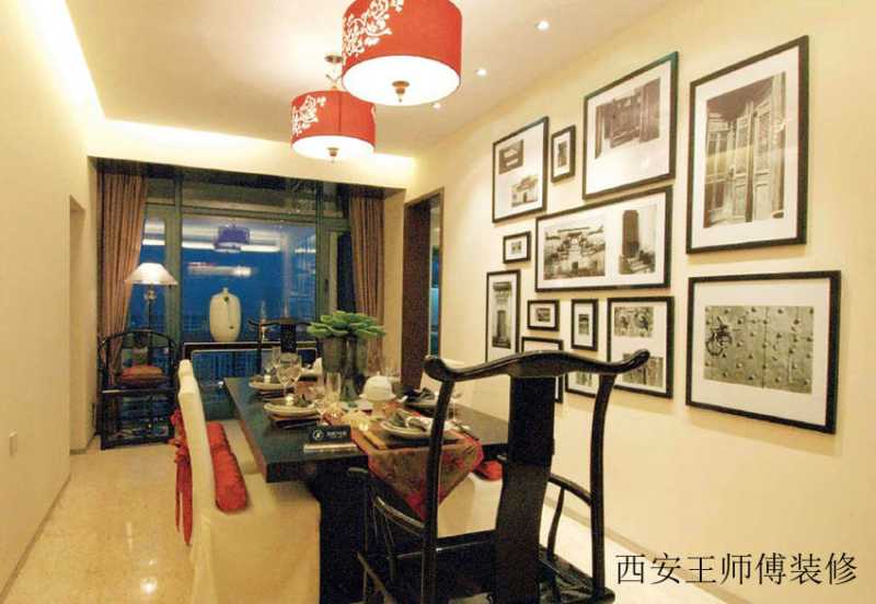 新中式餐厅复古相片墙效果图