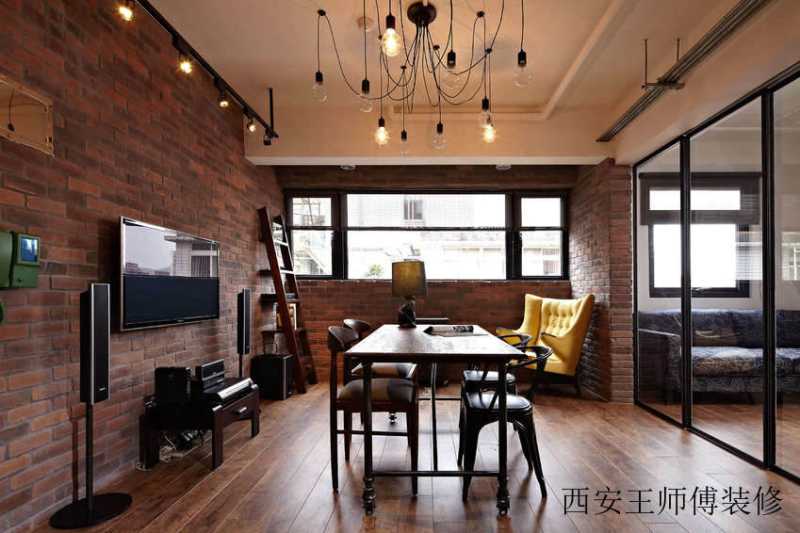 简约现代复古风 餐厅红砖电视背景墙装饰图