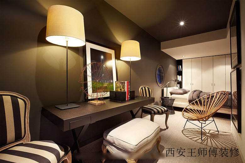 时尚复古混搭卧室书房一体设计装修图