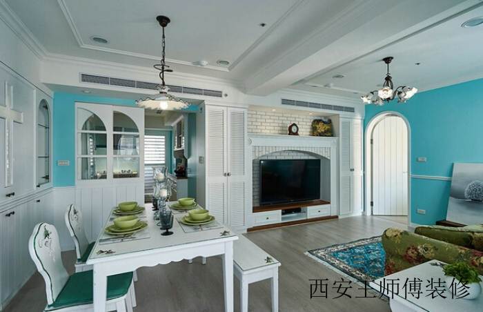 蓝白清凉现代田园风格餐厅布置效果图
