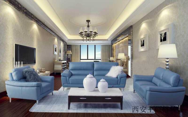 现代家居客厅蓝色沙发效果图