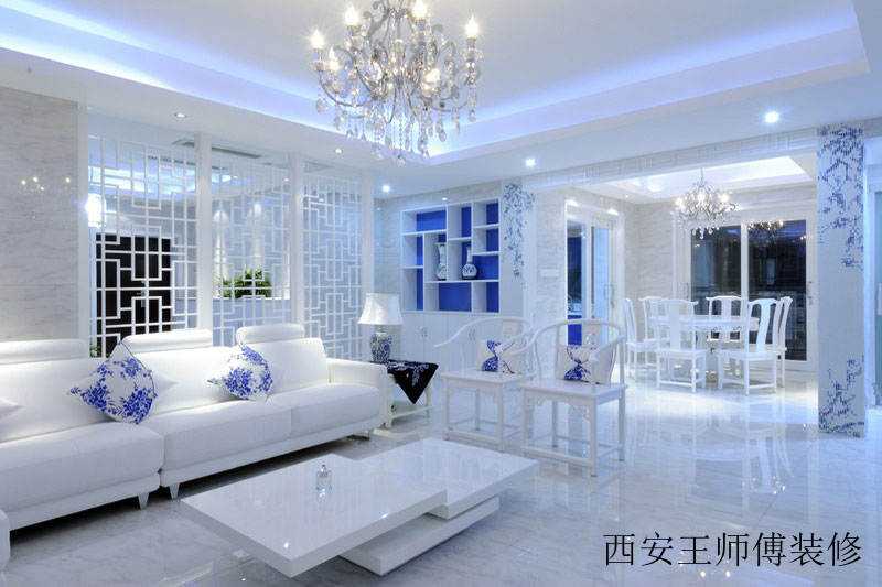 蓝白清凉中式青花瓷三居室内垭口隔断装饰美图