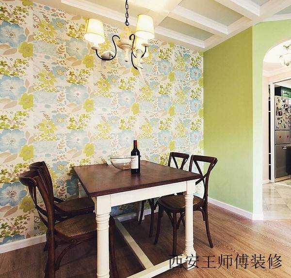 美式绿色餐厅碎花背景墙效果图
