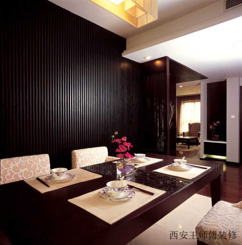 简约新中式风格餐厅咖啡色实木背景墙装饰图