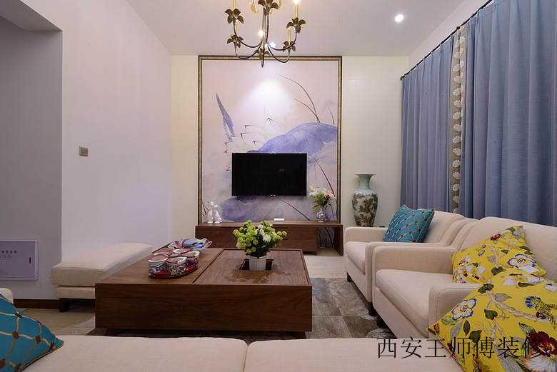 新中式客厅清新水墨画电视背景墙图片