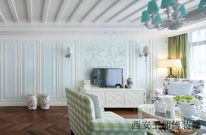 清新美式客厅浅绿色电视背景墙造型设计图