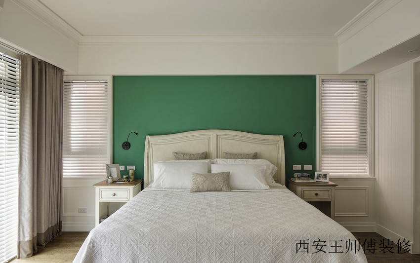 简约美式风格卧室床头绿色背景墙装饰效果图