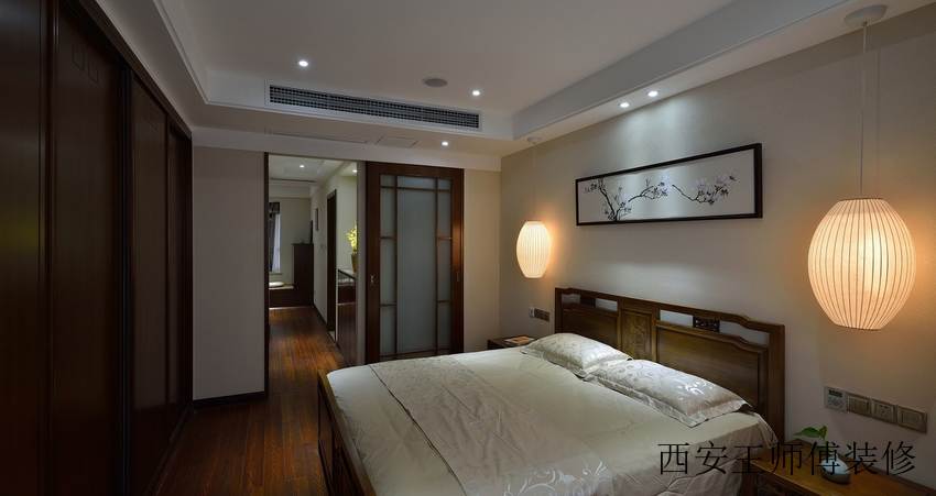 素雅简中式风格卧室推拉门设计装修效果图