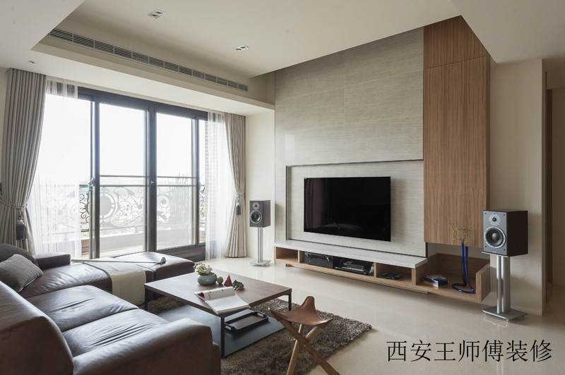 简洁现代原木风客厅玻璃推拉门隔断设计