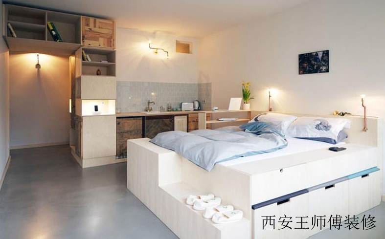 简约创意小户型一居卧室厨房一体设计装修图
