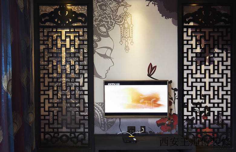 明清古典中式窗棂背景墙设计装修图
