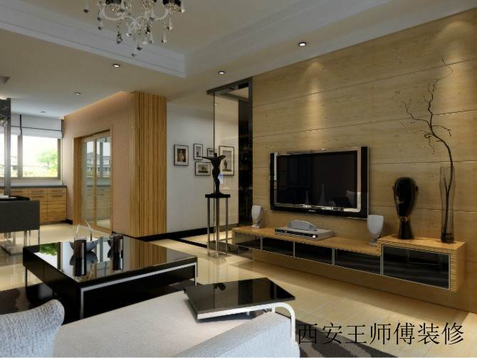 原木现代客厅 电视背景墙效果图