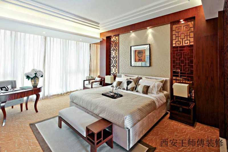 壮丽华贵现代中式别墅卧室落地窗展示图