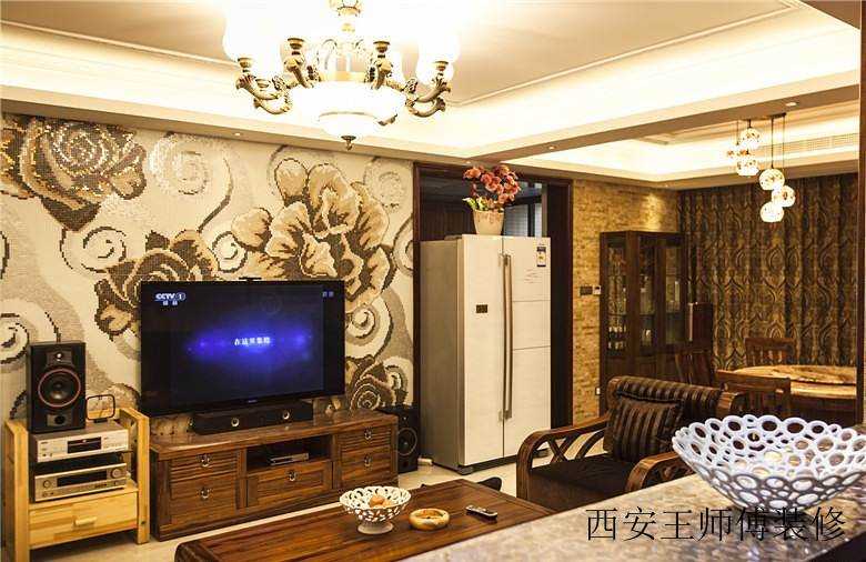 曲柳木中式风格马赛克印花电视背景墙装饰图