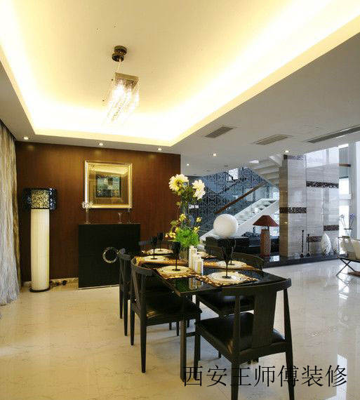 黑色摩登现代别墅开放式餐厅设计装修图