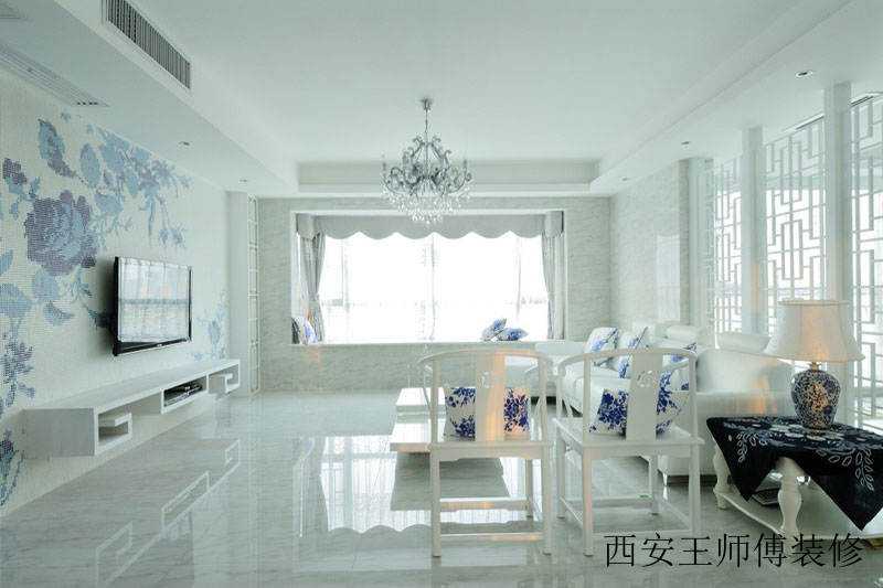时尚明亮中式青花瓷客厅飘窗装修设计图