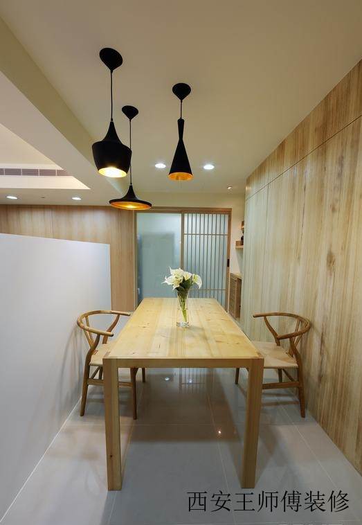 清新现代日式餐厅原木背景墙装饰效果图