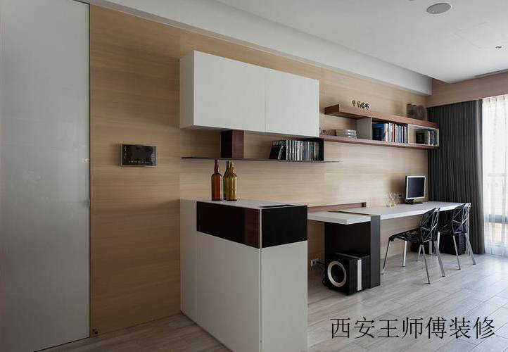 简洁现代书房原木背景墙设计