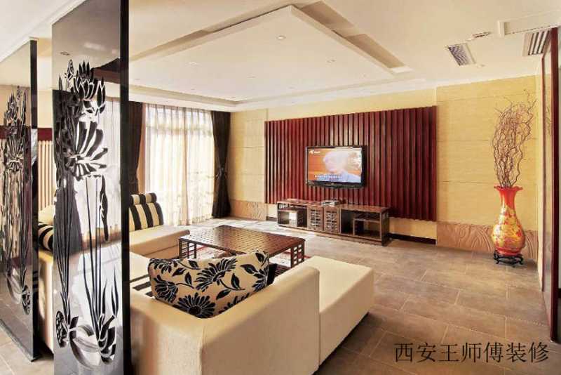 古朴简约新中式风格客厅电视背景墙设计装修图