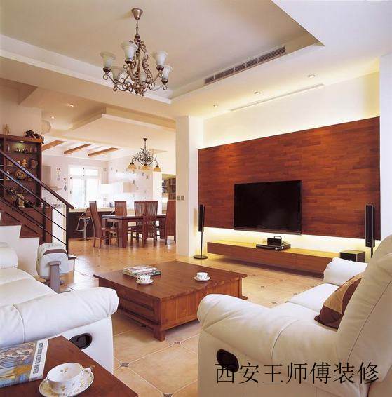 家居复式现代客厅 实木电视墙装饰图