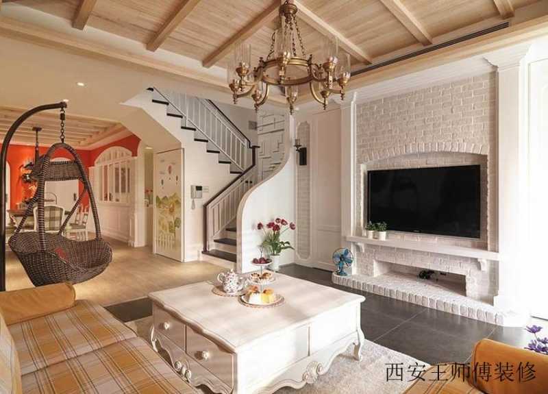 多元化简欧复式客厅电视石灰背景墙装修效果图