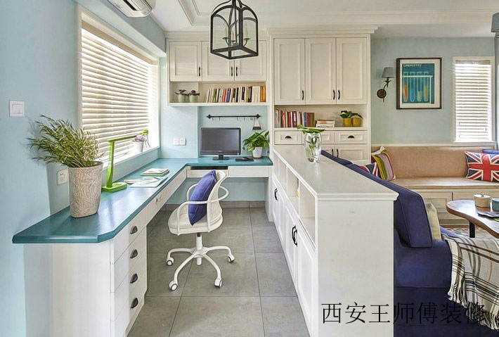 浅蓝色美式家居 开放式书房设计